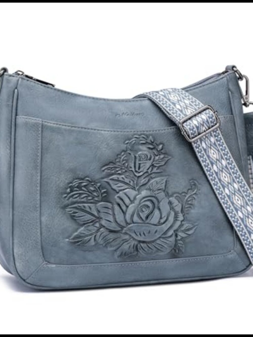 Rose Embossed Vegan Leather Medium Hobo Crossbody Bag with Strap